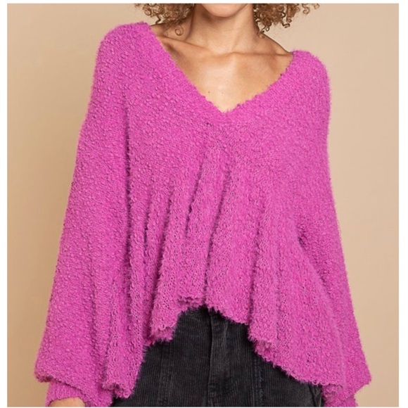 Hot Pink Magenta Peplum Top Long Balloon Sleeves Popcorn Sweater - Picture 7 of 9